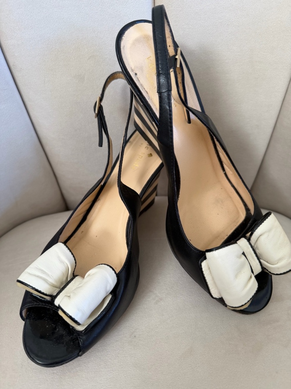 Kate Spade NY Isola Striped Wedge Slingback Sandals black white bow Shoes Y2K 8 - Picture 14 of 14